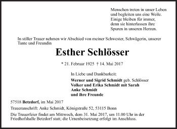 Traueranzeige von Esther Schlösser von Siegener Zeitung