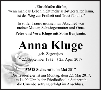 Traueranzeige von Anna Kluge von Siegener Zeitung
