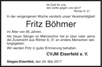 Traueranzeige von Fritz Böhmer von Siegener Zeitung