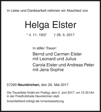 Traueranzeige von Helga Elster von Siegener Zeitung