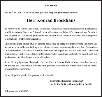 Traueranzeige von Konrad Brockhaus von Siegener Zeitung
