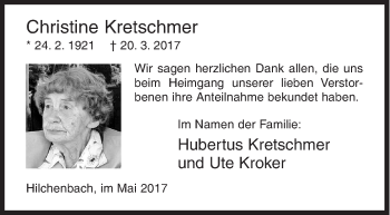 Traueranzeige von Christine Kretschmer von Siegener Zeitung