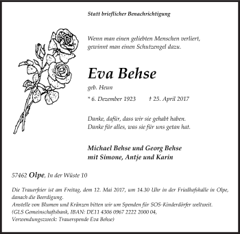 Traueranzeige von Eva Behse von Siegener Zeitung