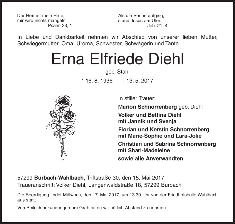  Traueranzeige für Erna Elfriede Diehl vom 15.05.2017 aus Siegener Zeitung