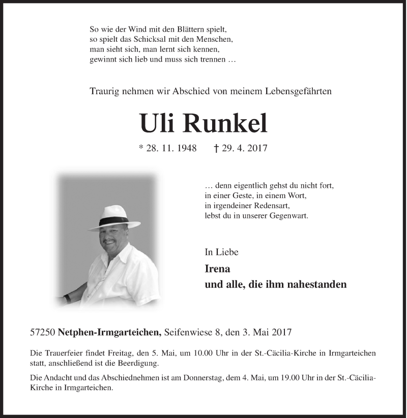  Traueranzeige für Uli Runkel vom 03.05.2017 aus Siegener Zeitung