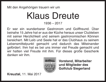 Traueranzeige von Klaus Dreute von Siegener Zeitung
