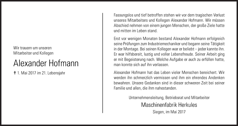  Traueranzeige für Alexander Hofmann vom 06.05.2017 aus Siegener Zeitung