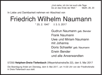 Traueranzeige von Friedrich Wilhelm Naumann von Siegener Zeitung