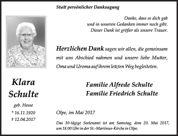 Traueranzeige von Klara Schulte von Siegener Zeitung