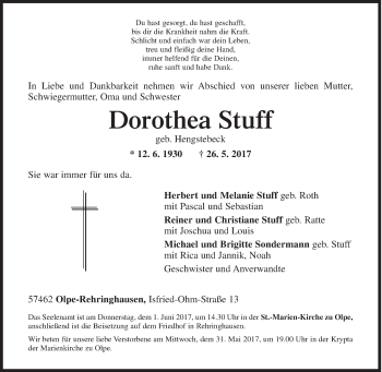Traueranzeige von Dorothea Stuff von Siegener Zeitung