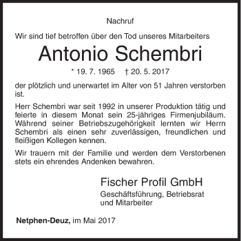 Traueranzeige von Antonio Schembri von Siegener Zeitung