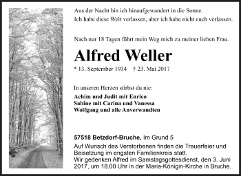 Traueranzeige von Alfred Weller von Siegener Zeitung