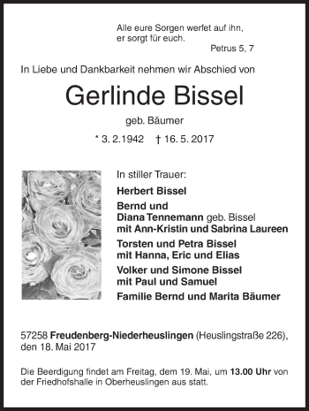 Traueranzeige von Gerlinde Bissel von Siegener Zeitung