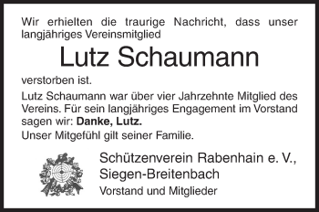 Traueranzeige von Lutz Schaumann von Siegener Zeitung