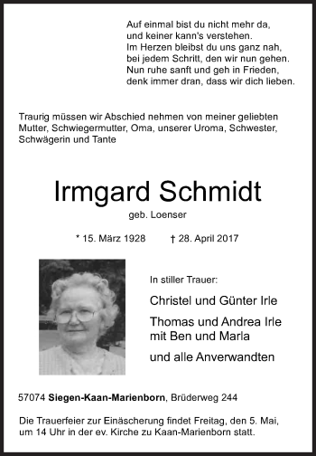 Traueranzeige von Irmgard Schmidt von Siegener Zeitung
