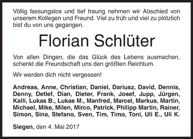  Traueranzeige für Florian Schlüter vom 04.05.2017 aus Siegener Zeitung