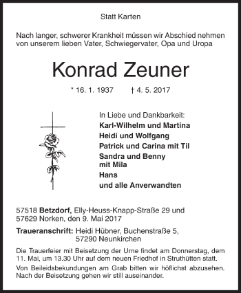 Traueranzeige von Konrad Zeuner von Siegener Zeitung