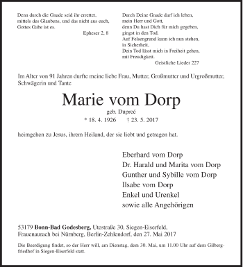 Traueranzeige von Marie  vom Dorp von Siegener Zeitung