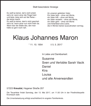 Traueranzeige von Klaus Johannes Maron von Siegener Zeitung