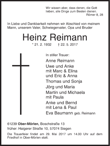 Traueranzeige von Heinz Reimann von Siegener Zeitung