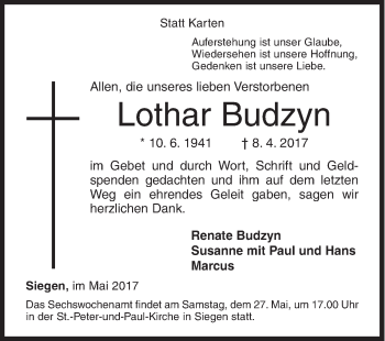 Traueranzeige von Lothar Budzyn von Siegener Zeitung