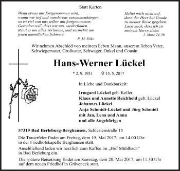 Traueranzeige von Hans-Werner Lückel von Siegener Zeitung