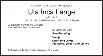 Traueranzeige von Uuta Inca Lange von Siegener Zeitung