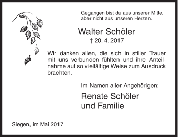 Traueranzeige von Walter Schöler von Siegener Zeitung