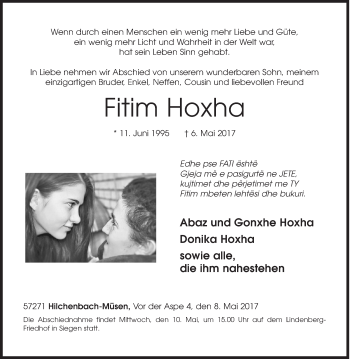 Traueranzeige von Fitim Hoxha von Siegener Zeitung