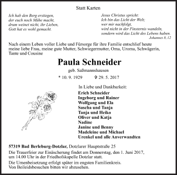 Traueranzeige von Paula Schneider von Siegener Zeitung
