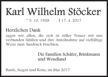 Traueranzeige von Karl Wilhelm Stöcker von Siegener Zeitung