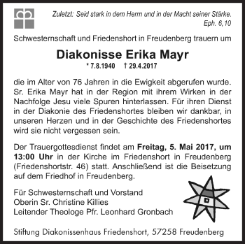 Traueranzeige von Erika Mayr von Siegener Zeitung