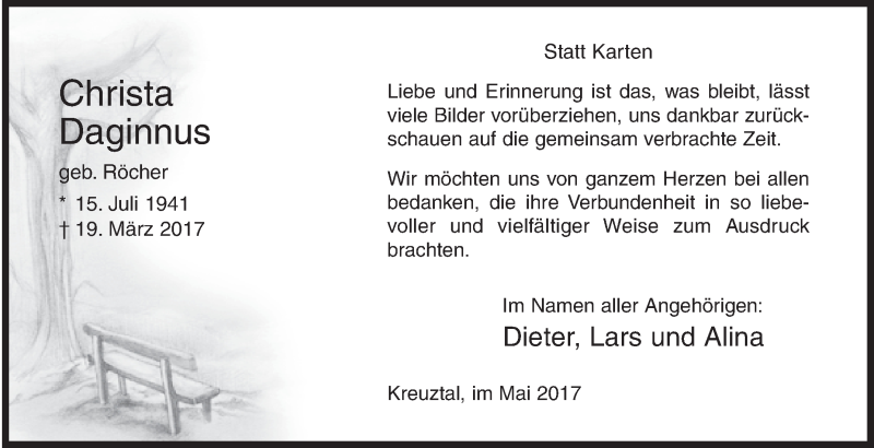  Traueranzeige für Christa Daginnus vom 20.05.2017 aus Siegener Zeitung