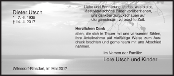 Traueranzeige von Dieter Utsch von Siegener Zeitung