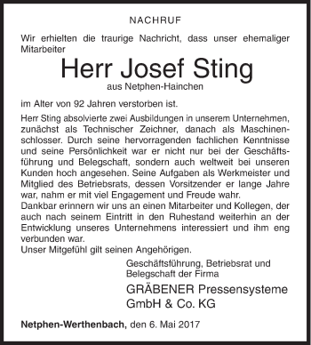 Traueranzeige von Josef Sting von Siegener Zeitung