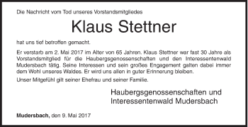 Traueranzeige von Klaus Stettner von Siegener Zeitung