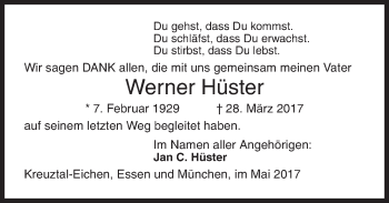 Traueranzeige von Werner Hüster von Siegener Zeitung