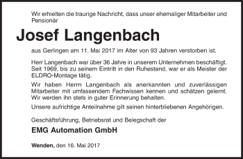 Traueranzeige von Josef Langenbach von Siegener Zeitung