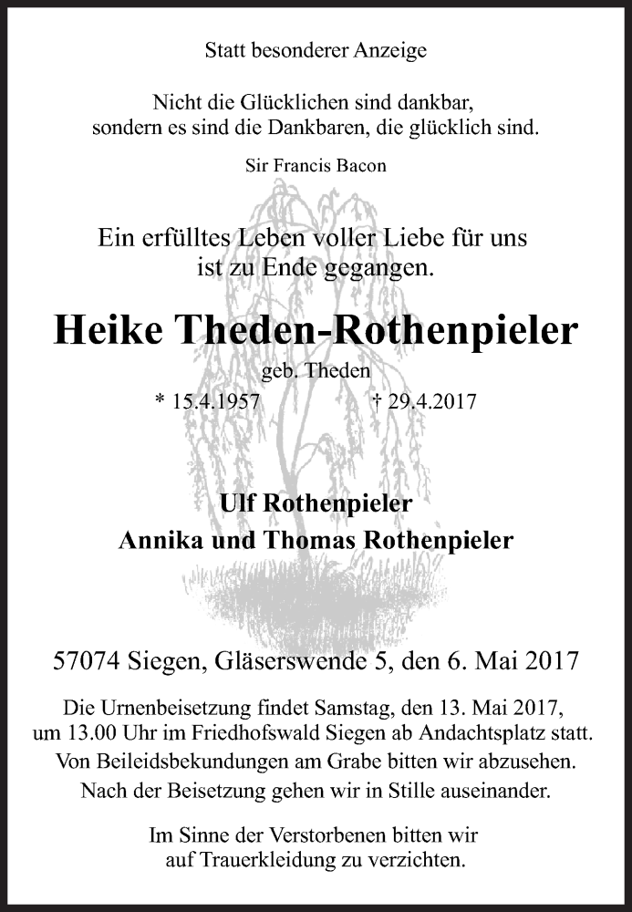  Traueranzeige für Heike Theden-Rothenpieler vom 06.05.2017 aus Siegener Zeitung