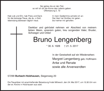 Traueranzeige von Bruno Lengenberg von Siegener Zeitung