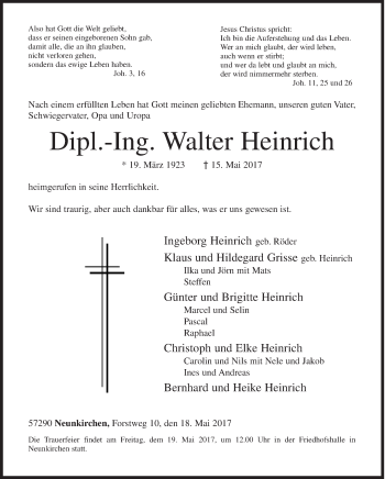 Traueranzeige von Walter Heinrich von Siegener Zeitung