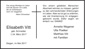 Traueranzeige von Elisabeth Vitt von Siegener Zeitung