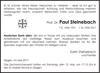 Traueranzeige von Paul Steinebach von Siegener Zeitung