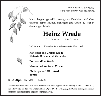 Traueranzeige von Heinz Wrede von Siegener Zeitung