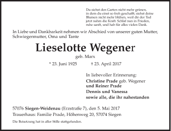 Traueranzeige von Lieselotte Wegener von Siegener Zeitung