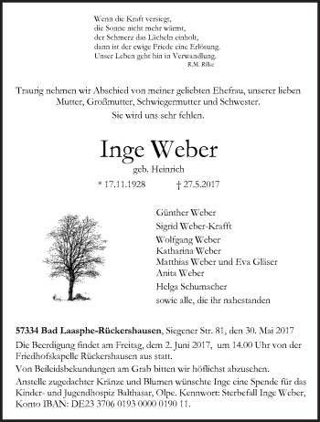 Traueranzeige von Inge Weber von Siegener Zeitung