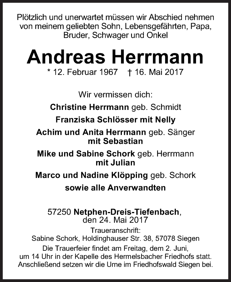  Traueranzeige für Andreas Herrmann vom 24.05.2017 aus Siegener Zeitung