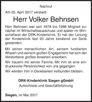 Traueranzeige von Volker Behnsen von Siegener Zeitung