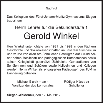 Traueranzeige von Gerold Winkel von Siegener Zeitung