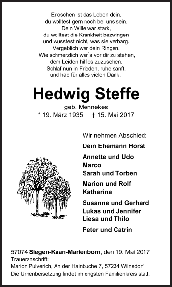 Traueranzeige von Hedwig Steffe von Siegener Zeitung